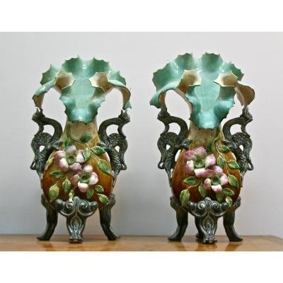 Pair Of Nineteenth Vases In Barbotine With Dragon