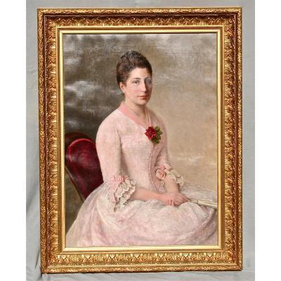 Nineteenth Painting Elegant Woman At The Rose, Golden Framing