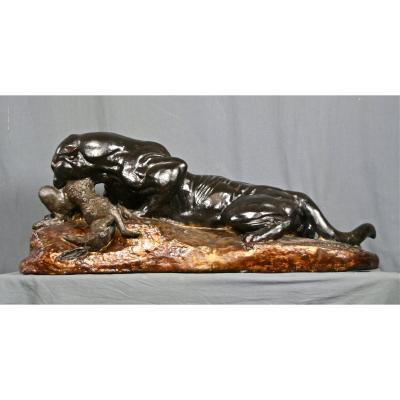 Large Panther Devouring A Hare XIX In Plaster Of Barye