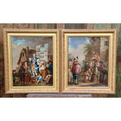 Pair Of 18th Century Paintings Representative Of Animated Village Scenes