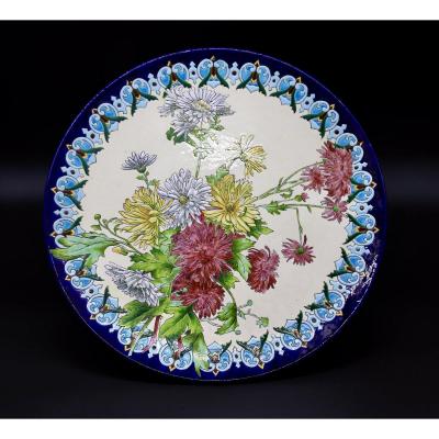 Grand Plat Barbotine XXème De Longchamp à Décor Floral