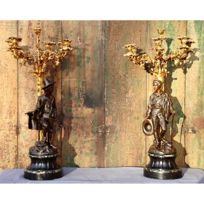 Pair Of Bronze Candelabra With XIXth Century Characters By E. Blavier