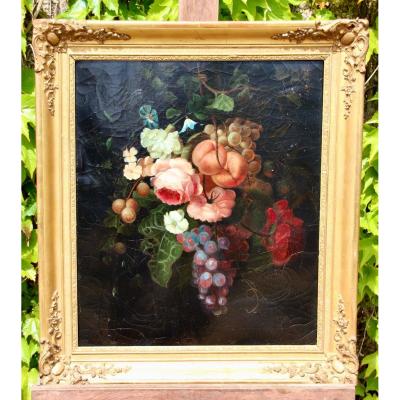 XIXth Painting Still Life With Roses And Fruits