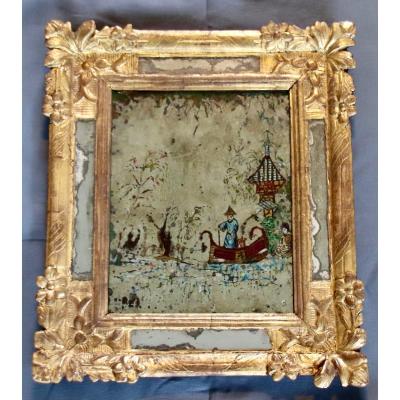 Mirror With Chinese Decor With Parclose In Golden Wood Eighteenth