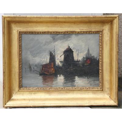 Oil On Panel "boats In Harbor"