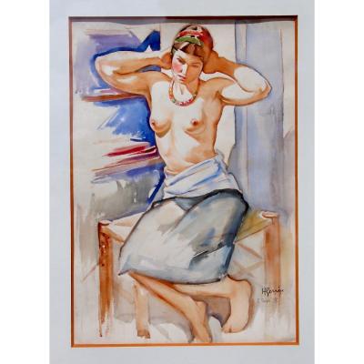 Watercolor Drawing By H. GervÈze Woman In Naked Bust
