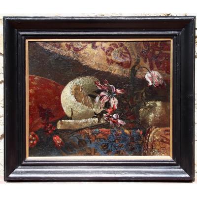 17th Century Painting Still Life With Fruits And Flowers On Tapestry Background