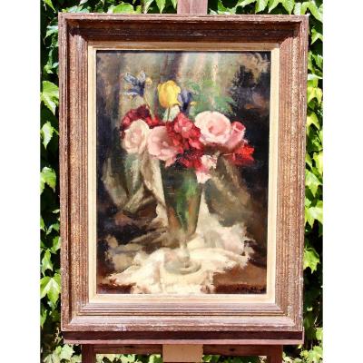 XXth Painting Bouquet Of Flowers In A Vases