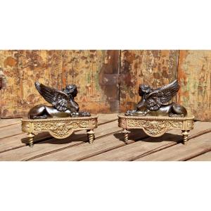 Empire Andirons With Sphinx In Bronze