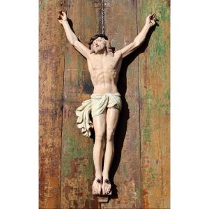 Large XIXth Christ In Polychrome Wood