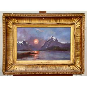 XIXth Painting Sunset On A Mountain Lake