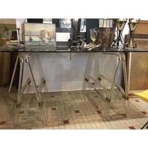 Desk On Plexiglass Trestles Around 1970