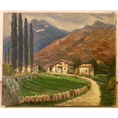Oil On Canvas - View Of The Basque Country By Jean-rené Chassaigne