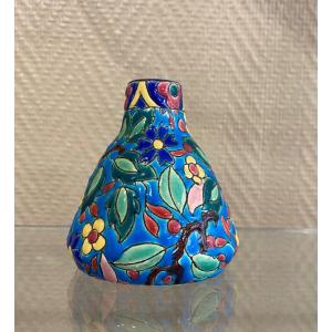 Small Conical Vase In Longwy Enamels