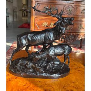 Bronze Group Of Deer By Clovis Edmond Masson (1838-1913)