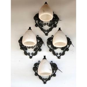 Art Deco Wrought Iron And Alabaster Sconces Suite Of 4