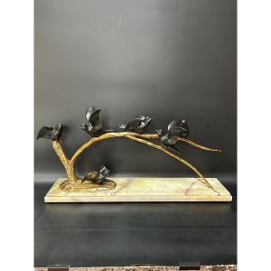 Art Deco Sculpture 6 Birds On A Branch Signed Bezin 