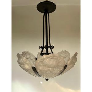 Art Deco Chandelier With 6 Molded Glass Plates Morin Et Cie