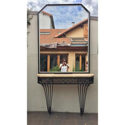 Console And Art Deco Mirror In Wrought Iron And Marble