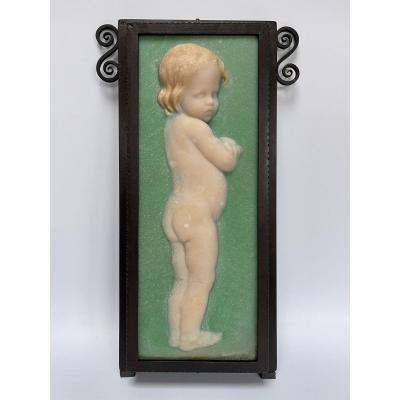 Georges Despret Rare Decorative Glass Paste Plate With Wrought Iron Illuminated Frame