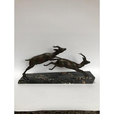 Art Deco Sculpture Signed Plagnet Gazelles In Regule