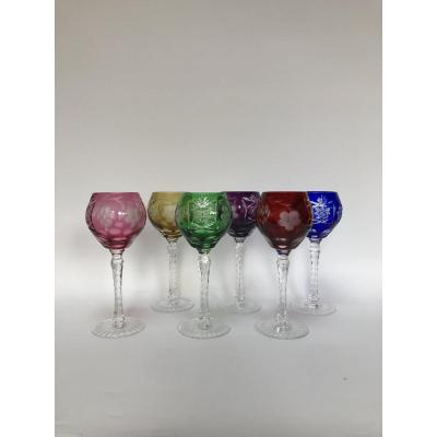 Cristalleries De Lorraine 6 Colored Wine Glasses Around 1940