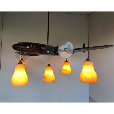 Art Deco Chandelier Carved Wood Plane 6 Lights