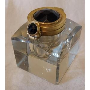Travel Inkwell In Clear And Black Cut Crystal 19th Century