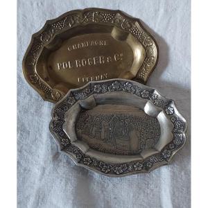 2 Empty Pocket Ashtrays "champagne" Silver Metal And Brass From Moët Et Chandon And Pol Roger C°
