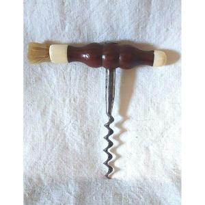 English Steel Corkscrew, Turned Macassar, Ivory Tips. Nineteenth Century