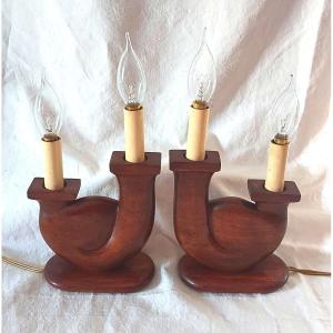 Pair Of Two-light Lamps In Carved Blond Mahogany And Signed V Delaporte 1950-1960