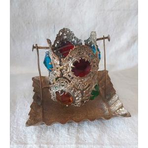 Bedside Night Light In Metal “lace” With Colored Glass Cabochons Fixed On A Tray 