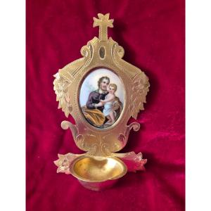 Small Bedside Stoup In Gilt And Chiseled Bronze With Medallion Of Joseph The Child Jesus