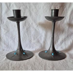 Pair Of Jugendstil Pewter Candlesticks By Imperial Zinn B&g Germany Circa 1900