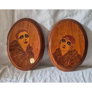 Set Of Two Wood Marquetry Paintings Of Pierrot And Colombine