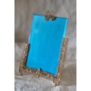 Gilt Bronze Filigree Lace Picture Frame Dominated By A Four Leaf Clover 