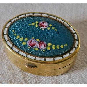 Pill Box In Gold Metal With Hinged Lid In Guilloché Enamel With Flower Accents