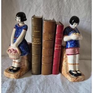 Pair Of Art Deco Earthenware Bookends Of Young Girl And Boy 