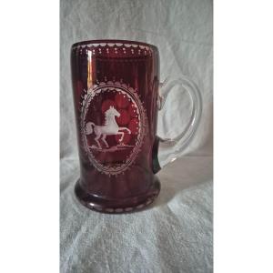 Bohemian Crystal Clear And Red Horse Beer Mug 