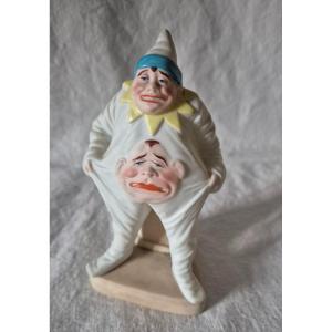 Funny Clown Figure In Polychrome Pyrogenic Biscuit Porcelain Match Holder 