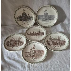 Set Of Six Souvenir Plates From The 1900 Paris Universal Exhibition, Choisy-le-roi Earthenware