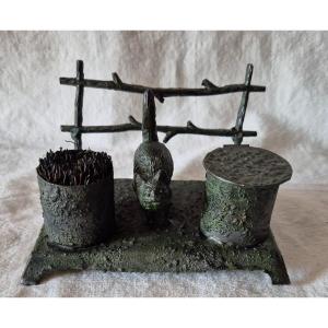 Cat Inkwell With Its Painted Metal Pen Wiper