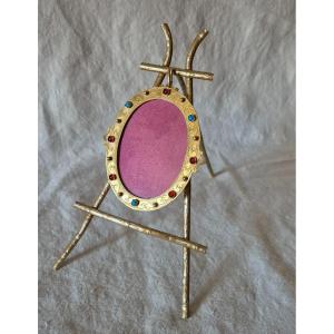 Austro-hungarian Gilt Bronze And Colored Stone Photo Frame And Easel 