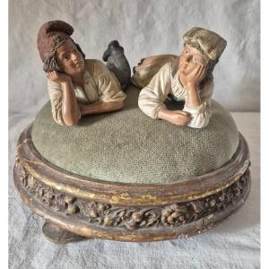 Two Sicilian Children Lying Down Polychrome Terracotta By Bernard Bloch Austria 19th Century