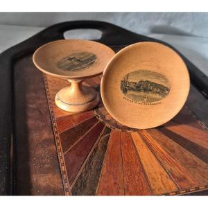 Pair Of "mauchline" Trays On Sycamore Feet And Transfer Image Cherbourg 19th Century