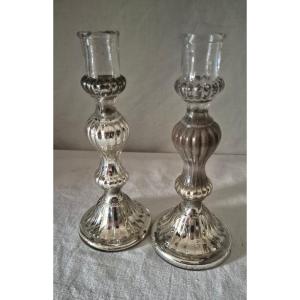 Pair Of Louis XVI Style Blown Glass Candlesticks 
