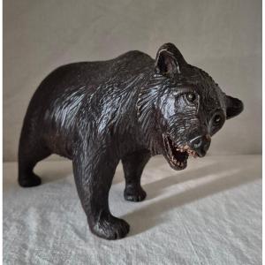 Large Black Forest Bear In Carved And Stained Linden Wood, Swiss Origin
