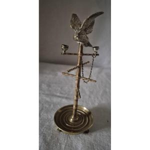 Ring Holder - Parrot On Its Perch In Gilt And Silver Bronze From The 19th Century