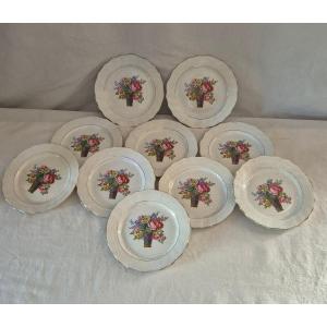 Set Of Ten Porcelain Dessert Plates, Basket Of Plenty, Circa 1930