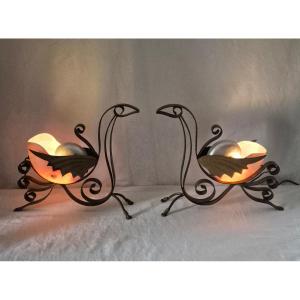 Two Lamps Made Of Shells And Patinated Metal Forming Swans, Late 20th Century